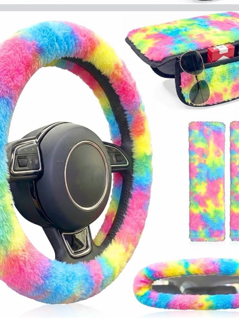 Rainbow Plush Steering Wheel Cover and Car Accessory Set -